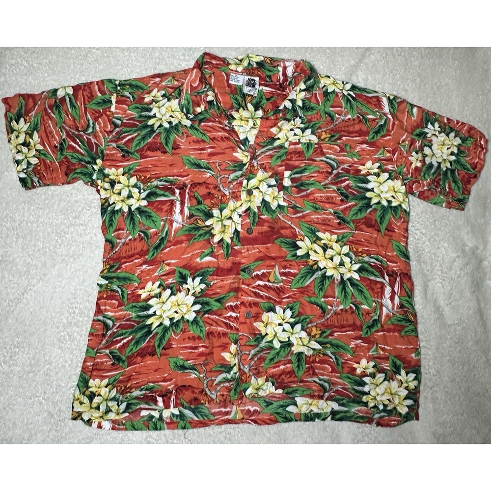 Kennington Men's Button Up Hawaiian Shirt Orange With Floral Print XL